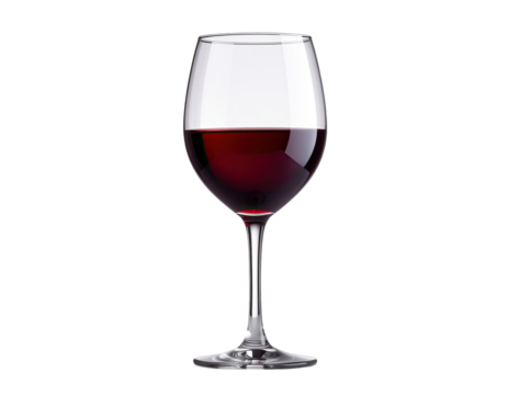 A Single Glass of Red Wine Isolated on a Transparent Background with a Black Backdrop and Subtle Highlights
