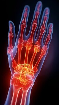 X Ray VDO of Human Hand Shows Bones Highlighted Red and Orange Indicating Inflammation or Arthritis with Glowing Effect Emphasizing Skeletal Structure and Vibrant Colors Highlighting Pain