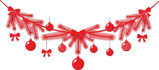 Festive christmas garland with red ornaments and bows on a white background