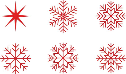 Six red snowflake designs arranged on a white background for winter holidays