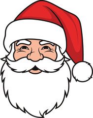 Cartoon santa claus face with red hat and white beard on a white background