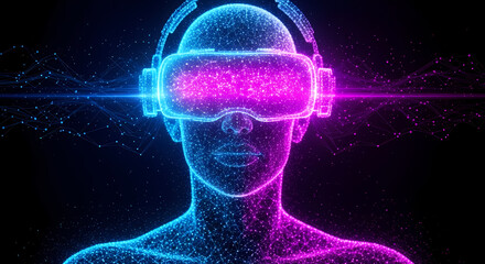 A futuristic digital avatar wearing a virtual reality headset, immersed in a vibrant, neon-lit metaverse, experiencing digital interaction.
