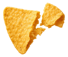 A corn chip crunched, with a flurry of cornmeal particles in the air.
