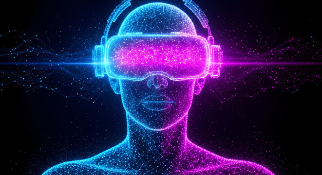 A futuristic digital avatar wearing a virtual reality headset, immersed in a vibrant, neon-lit metaverse, experiencing digital interaction.
