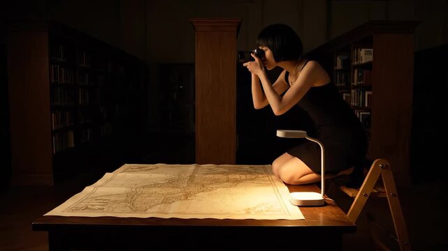 Woman research map under lamp. Map spread on table. Research study focuses on cartography document in library archive. Soft light highlights map details. Quiet thoughtful atmosphere. Warm amber tone.