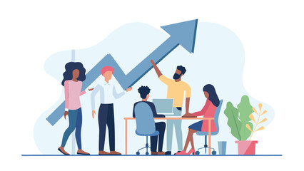 Diverse team collaborating and celebrating business growth with an upward trending arrow graphic in a modern office setting