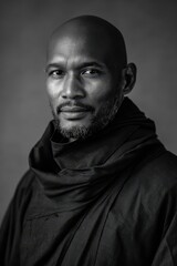 Male figure wearing a long black robe under soft studio lighting