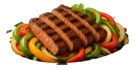 Steak fajitas on a sizzling platter with steam rising.