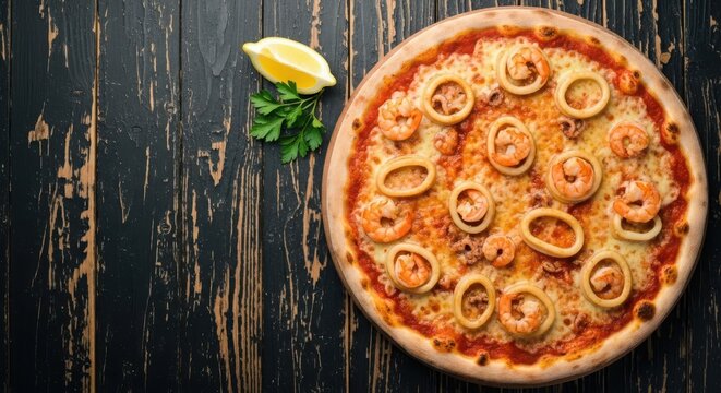 Delicious seafood pizza with shrimp and calamari rings, garnished with lemon and parsley on a rustic wooden table
