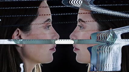 female face mirrored with overlayed code and data - Powered by Adobe