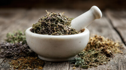 Dried herbs in mortar with pestle on rustic wood