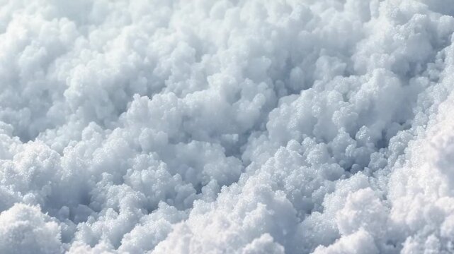 A detailed close-up macro view of a bright lumpy pile of granular white snow with a shallow depth of field