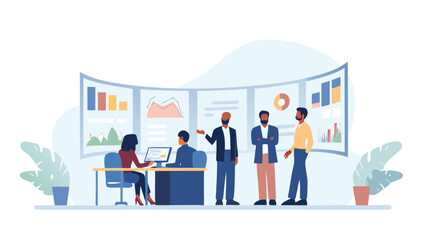 Diverse business team collaborating and analyzing financial data charts on a large curved screen in a modern office setting