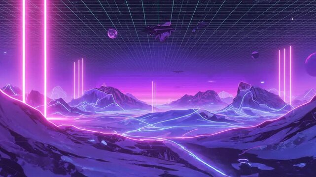 Vibrant Synthwave Outrun Landscape with Neon Grid, Futuristic Mountains, and Retro 80s Aesthetic Digital Art