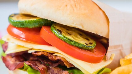 Juicy bacon cheeseburger with fresh toppings and fries