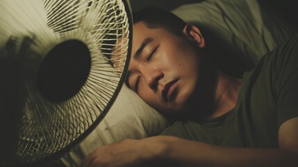 Asian man sleeping under fan during warm night, comfortable rest in bedroom