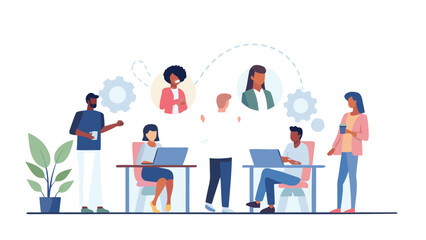 Diverse team collaborating on laptops in a modern office with communication connections and gears symbolizing teamwork and ideas