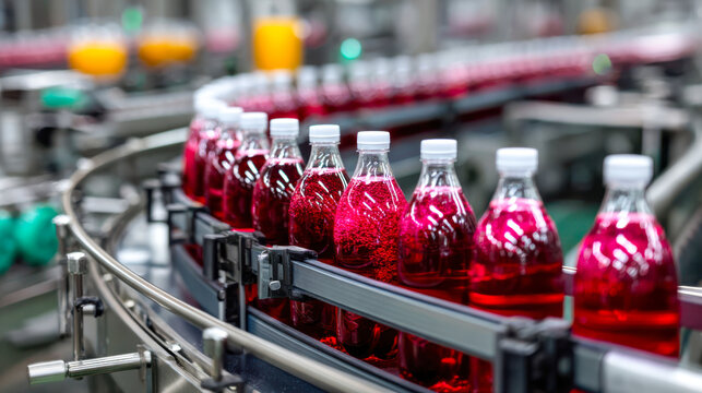 Red beverage bottles moving on factory production line