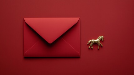 Flat lay red envelope and small golden horse charm on red background, Chinese zodiac horse symbol 