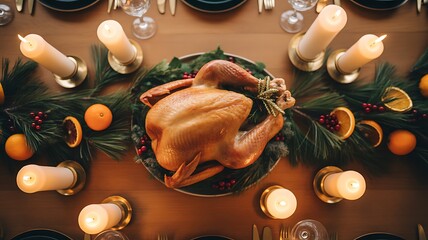 Overhead view of a festive thanksgiving dinner table with roasted turkey and candles
