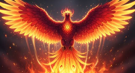 A majestic phoenix rising with fiery wings spread wide, glowing with intense orange and red flames against a dark, smoky background symbolizing rebirth and renewal
