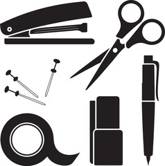Office Stationery Silhouette with Stapler Pins Scissors Tape Marker and Pen