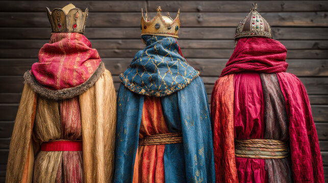 Three Kings standing celebrating Epiphany wearing costumes