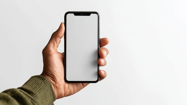 Minimal studio shot of a hand gripping a smartphone with a blank screen on a white backdrop - Powered by Adobe