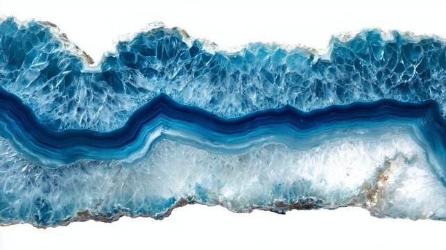 Macro slice of blue agate stone isolated on white background, natural crystal isolated on white background