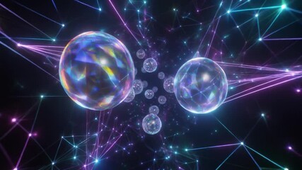 Rotating holographic spheres connected by glowing lines creating futuristic digital data network in 3D space - Powered by Adobe