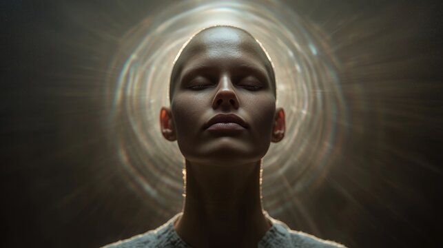 Person sitting with closed eyes surrounded by gentle rays, meditative peaceful concept