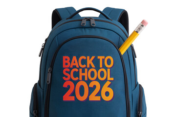 Blue backpack with back to school 2026 text and pencil isolated on transparent background