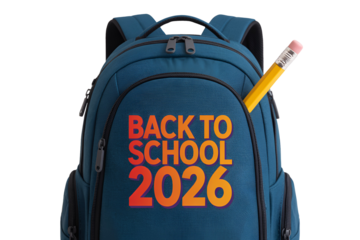 Blue backpack with back to school 2026 text and pencil isolated on transparent background