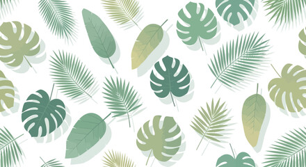 Fototapeta premium Tropical leaf pattern with monstera and palm leaves in shades of green on white background.