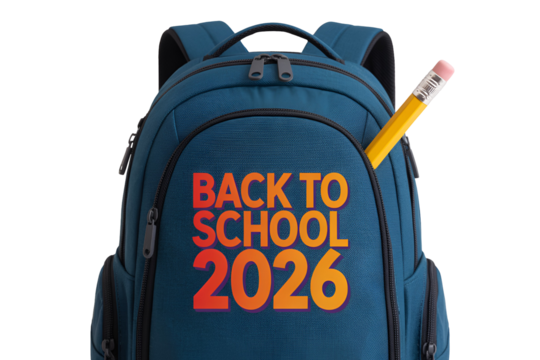 Blue backpack with back to school 2026 text and pencil isolated on transparent background