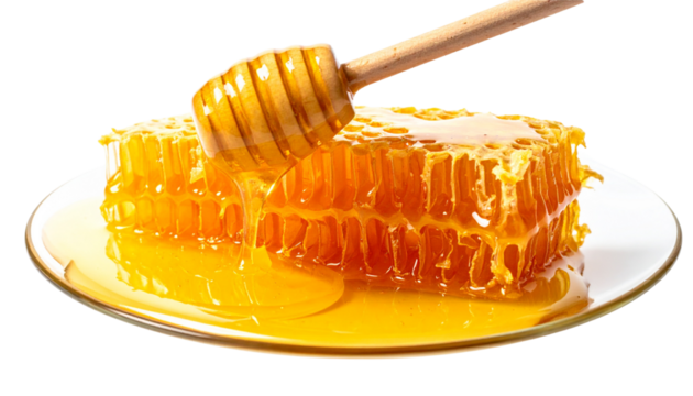 Sweet golden natural organic honey in glass jar with wooden dipper and honeycomb isolated on white background