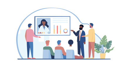 Diverse group of professionals attending a business presentation with a female speaker on a large screen displaying charts and graphs