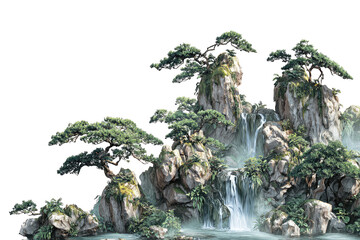 Rocky isles with waterfall, lush trees