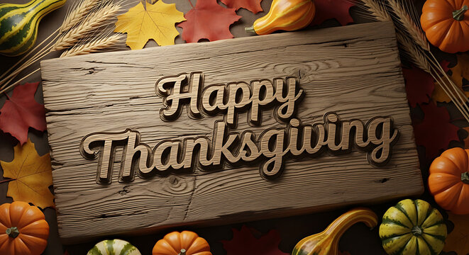 Happy Thanksgiving Text Engraved on a Rustic Wooden Board.