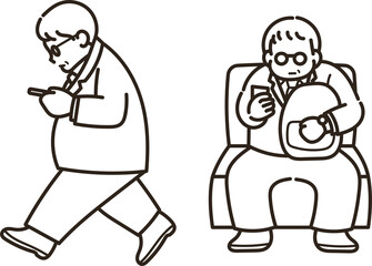 歩きスマホ、座ってスマホをいじる50代のビジネスマンのイラストセット　線画のみ