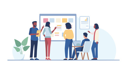 Diverse team of professionals collaborating around a whiteboard with sticky notes and a laptop during a business meeting