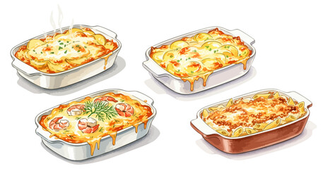 水彩のグラタン・マカロニグラタンイラストセット,ドリア,洋食,耐熱皿,冬の料理,ベクター