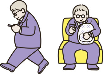 歩きスマホ、座ってスマホをいじる50代のビジネスマンのイラストセット
