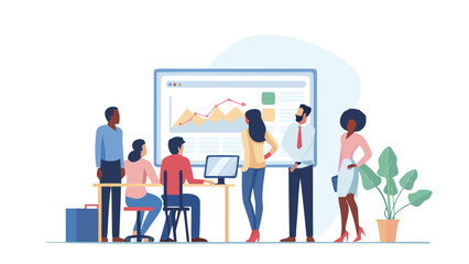 Diverse group of professionals collaborating in an office setting analyzing financial data on a large screen display