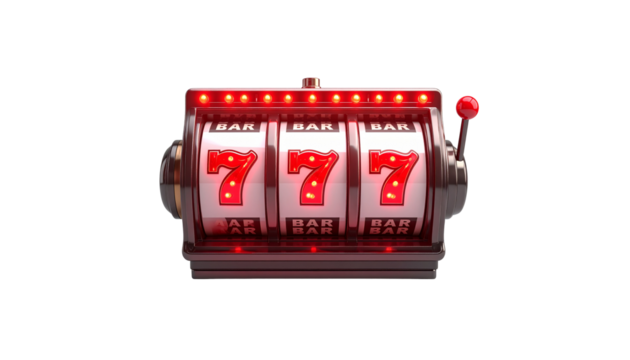 Illustration of a gambling success of a lucky casino slot machine with golden chips on a white background
