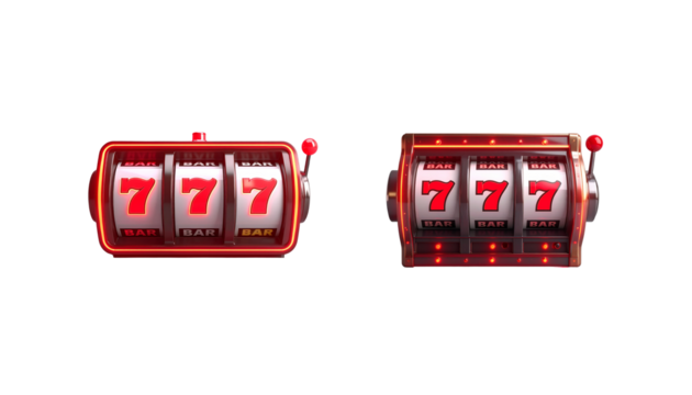 Illustration of a gambling success of a lucky casino slot machine with golden chips on a white background