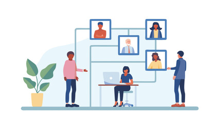 Diverse team collaborating remotely with a digital organizational chart connecting team members and a central workspace