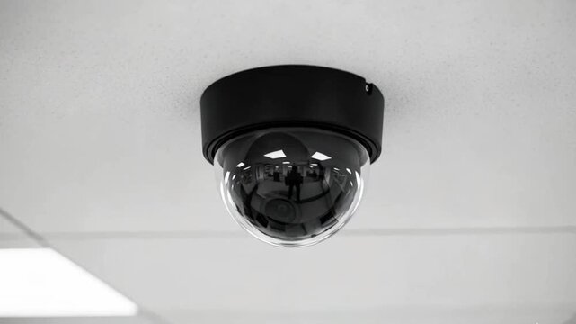 Ceiling-mounted security dome camera in a modern indoor environment