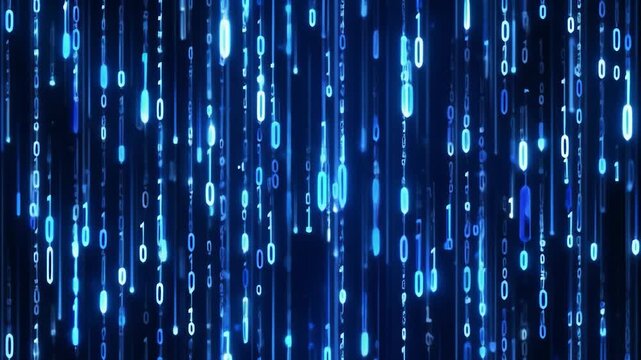 Vertical blue binary rain with glowing particles seamless abstract technology background in smooth motion