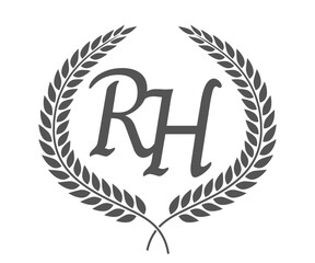 Initial letter R and H, RH monogram logo design with laurel wreath. Luxury calligraphy font.